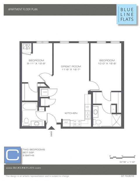 Floor plan for 2 beds, 2 baths, 866 sqft